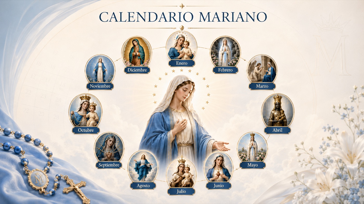 Calendario Mariano con advocaciones de la Virgen María organizadas por meses