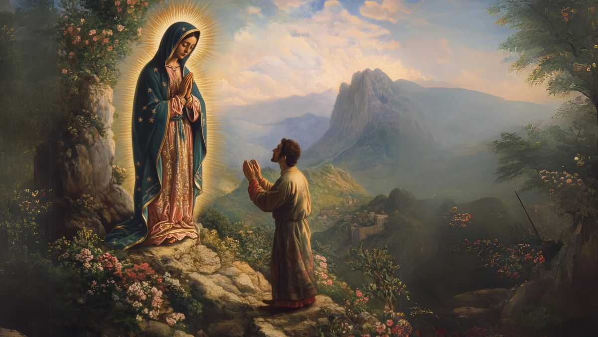 Juan Diego recogiendo rosas milagrosas en pleno invierno sobre la colina del Tepeyac