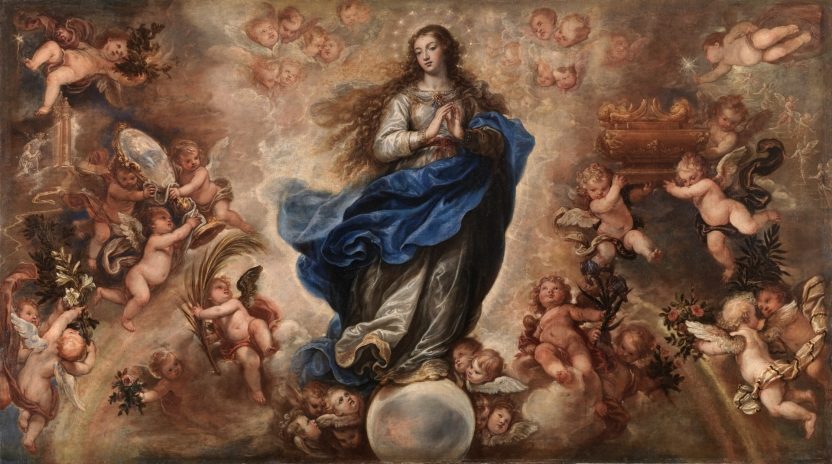 Pintura de la Inmaculada: María radiante en los cielos rodeada de ángeles