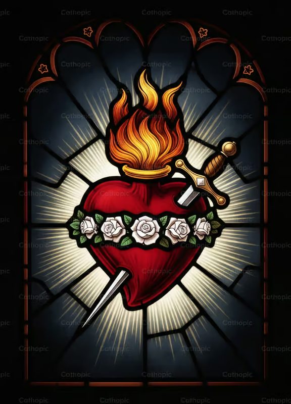 Iconografía del Inmaculado Corazón: corazón con espada, llamas y rosas blancas