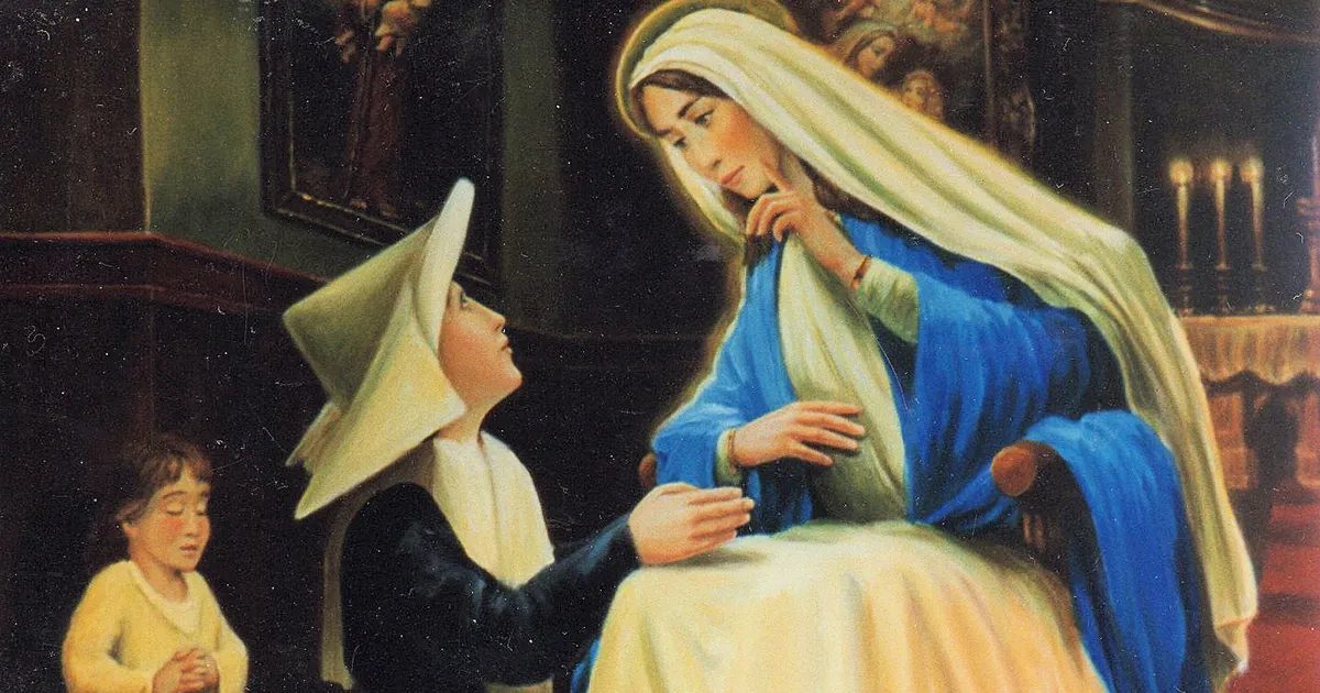 Catalina Labouré en la capilla del convento viendo la aparición de la Virgen