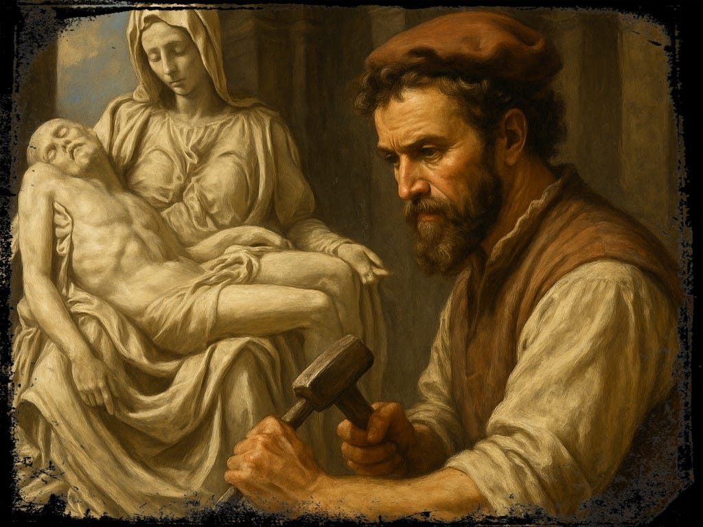 La Pietà completa mostrando la composición piramidal con María sosteniendo a Cristo