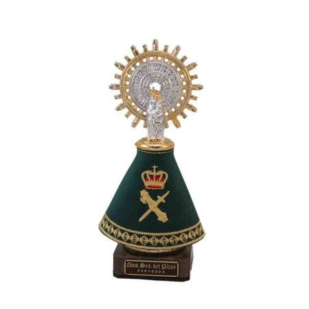 Pequeña escultura románica de 15 cm de la Virgen del Pilar vistiendo elaborado manto