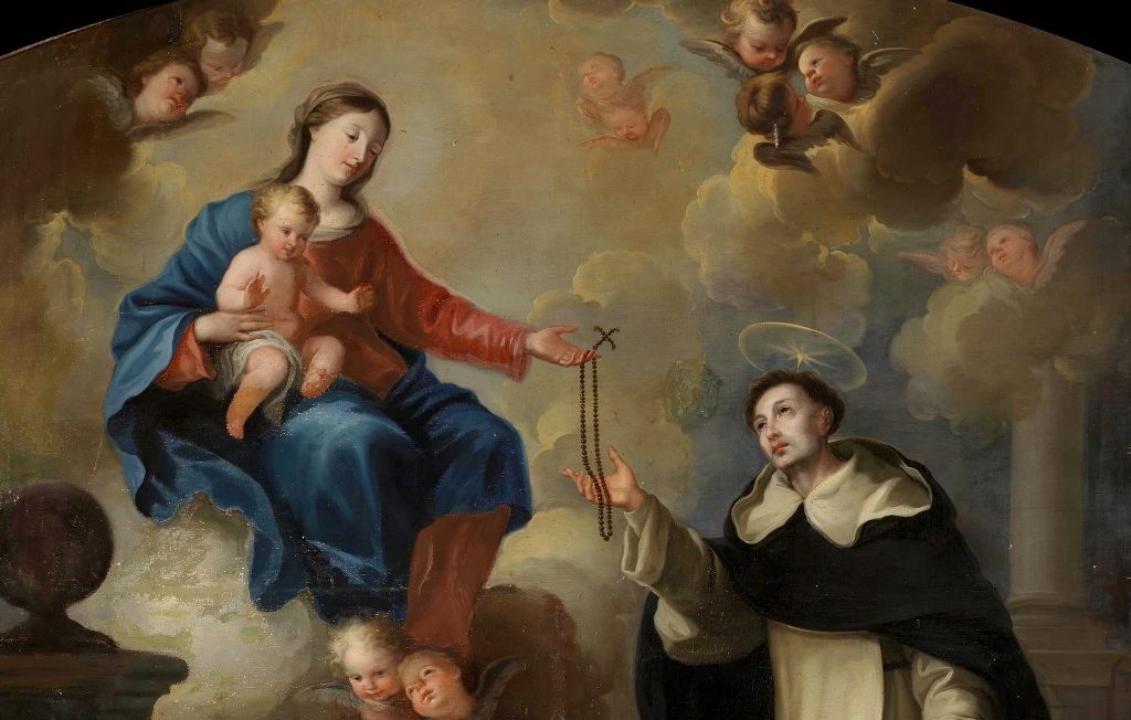 Santo Domingo de Guzmán recibiendo el rosario de manos de la Virgen María