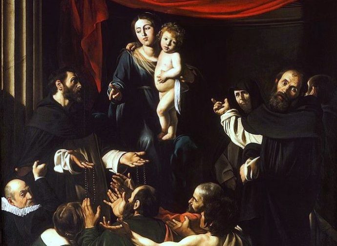 Caravaggio - Madonna del Rosario: la Virgen y el Niño distribuyendo rosarios a santos