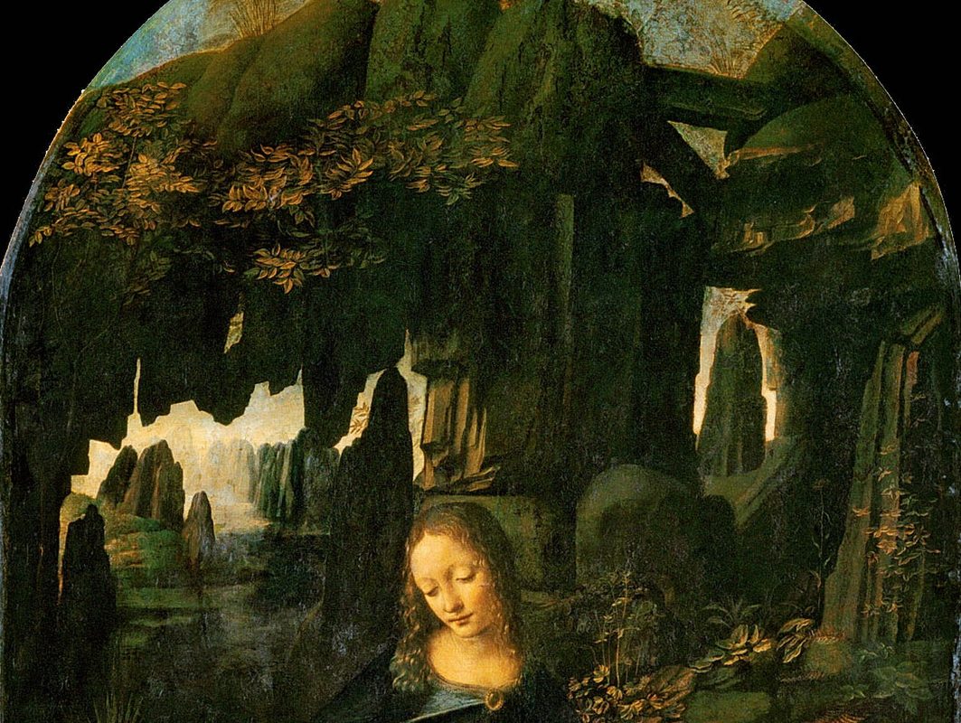 María como eje central de la composición en la gruta, simbolizando el refugio y el misterio divino